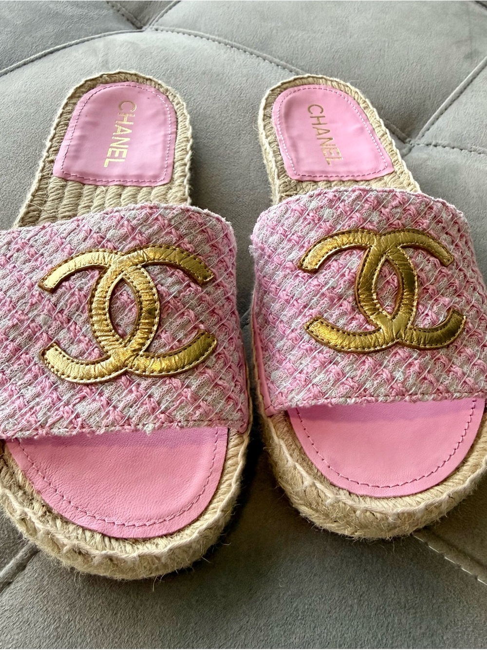 CHANEL Pink Tweed Slide Mules with Gold CC Emblem